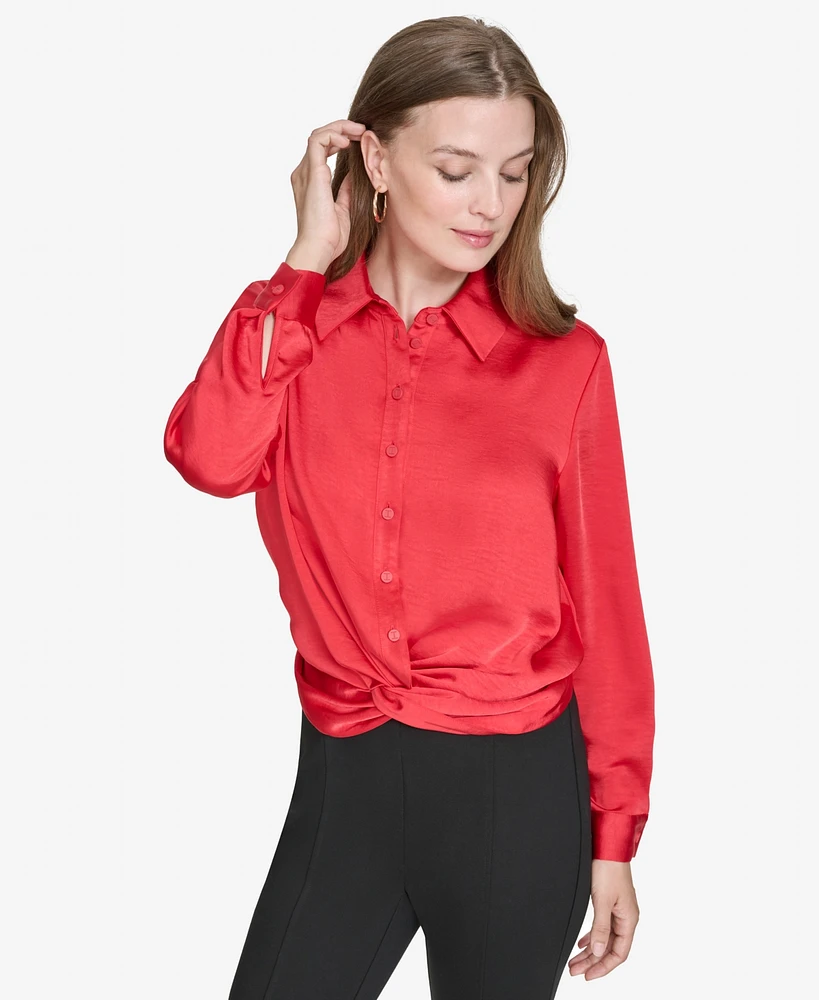 Halston Women's Twist-Waist Button-Down Collared Blouse