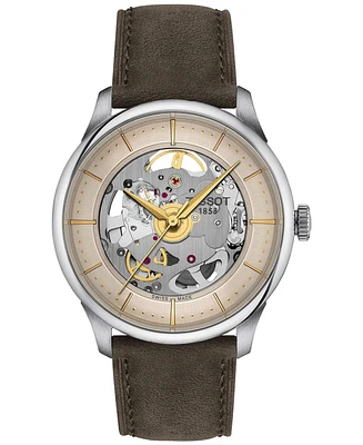 Tissot Men's Swiss Automatic Chemin Des Tourelles Skeleton Brown Leather Strap Watch 39mm