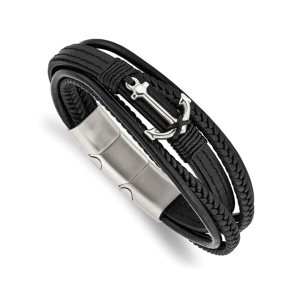 Chisel Stainless Steel Anchor Black Leather Bracelet with Extension