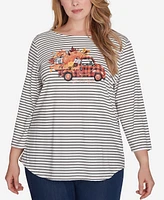 Ruby Rd. Plus Boat Neck Fall Y'All Truck Striped Knit Top