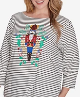 Ruby Rd. Plus Boat Neck Nutcracker Motif Printed Striped Knit Top