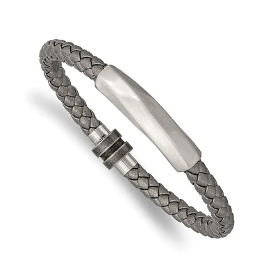 Chisel Stainless Steel Antiqued and Brushed Grey Leather Bracelet