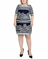 Ny Collection Plus Elbow Sleeve Border Print Dress