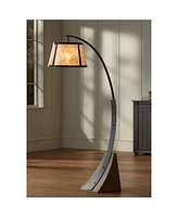 Franklin Iron Works Oak River Rustic Farmhouse Mission Style Arched Floor Lamp 66.5" Tall Dark Gray Black Wood Standing Base Mica Drum Shade for Livin