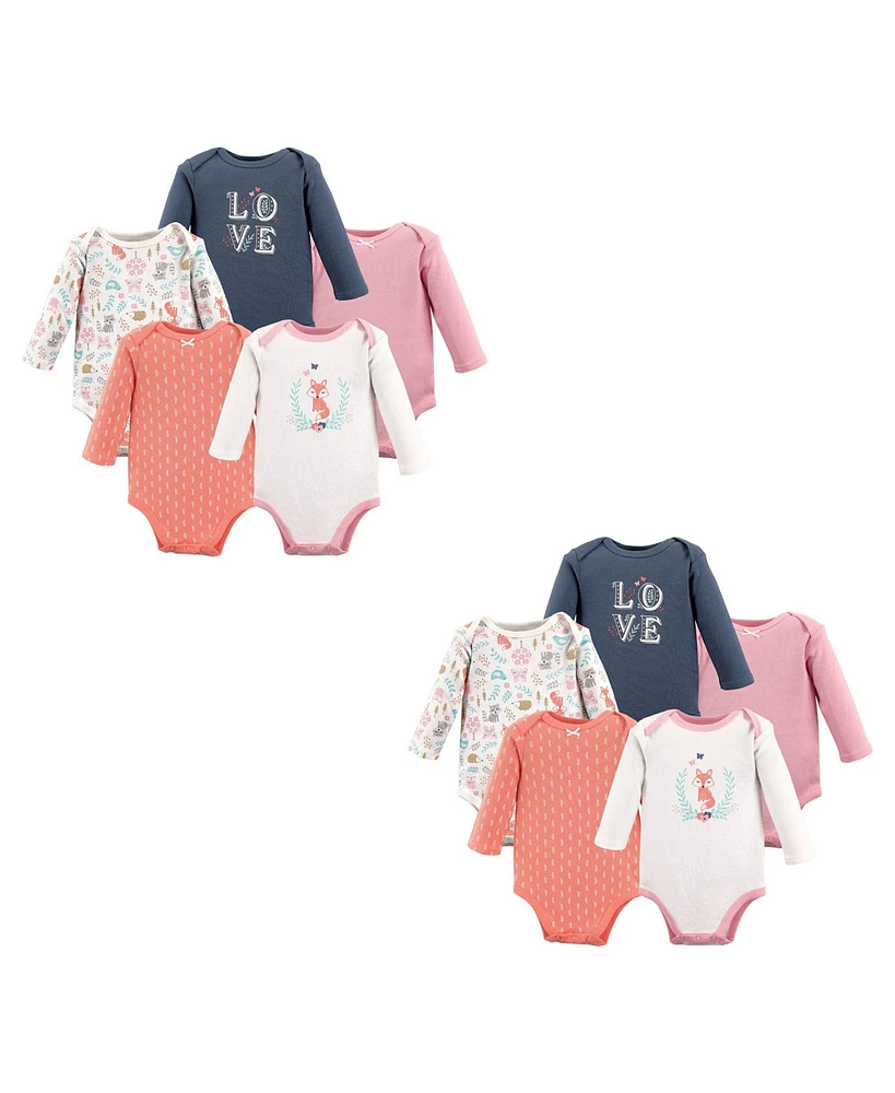 Hudson Baby Baby Girls Cotton Long-Sleeve Bodysuits, Woodland Fox 10-Piece