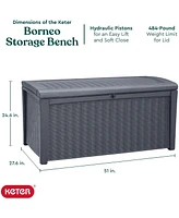 Keter Borneo 110 Gallon Rattan Wicker Resin Patio Deck Storage Box Bench, Grey