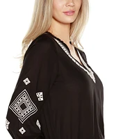 Belldini Black Label Women's Embroidered Blouson Sleeve V-Neck Blouse Top