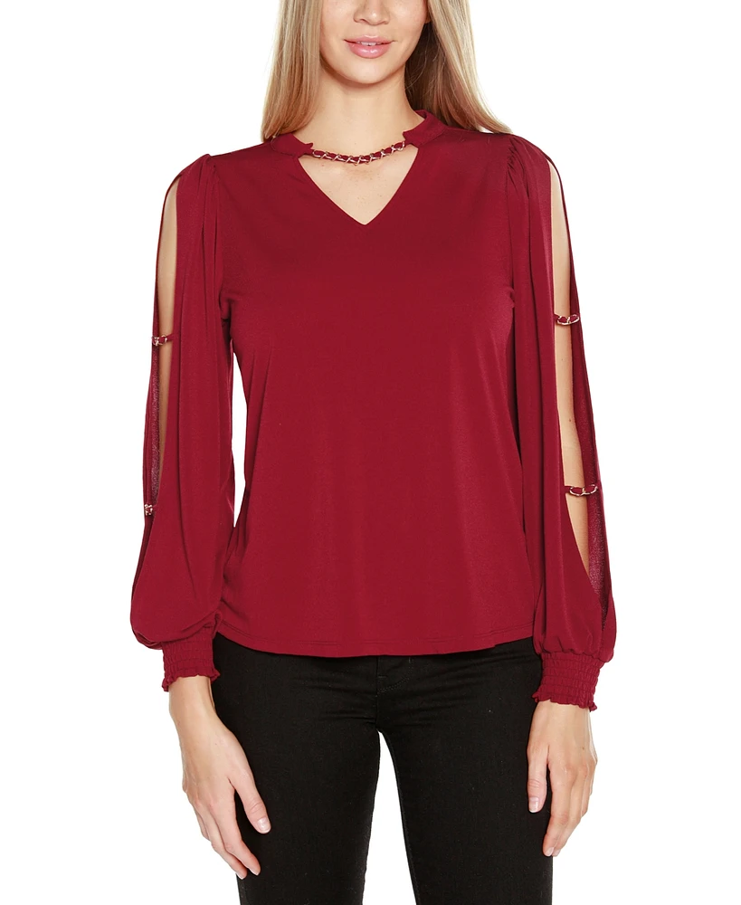 Belldini Black Label Women's Split-Sleeve Chain-Neck Keyhole Top