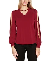 Belldini Black Label Women's Split-Sleeve Chain-Neck Keyhole Top