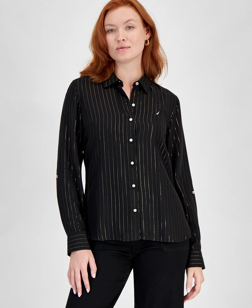 Nautica Jeans Women's Flickering Pinstripe Roll-Tab-Sleeve Button-Up Shirt