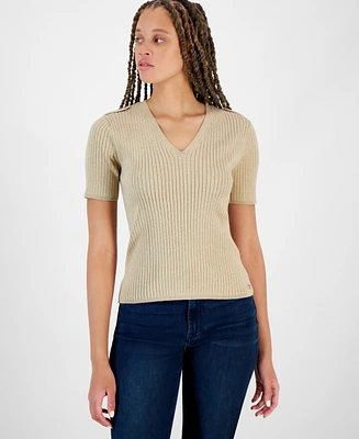 Nautica Jeans Women's Metallic Short-Sleeve V-Neck Sweater