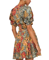 1.state Women's Floral V-Neck Tiered Bubble Puff Sleeve Mini Dress