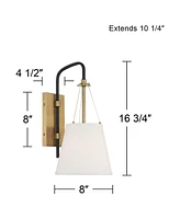 Crystal Mid Century Modern Wall Light Sconce Warm Brass Black Hardwired 8" Fixture White Linen Drum Shade for Bedroom Living Family Room Home Hallway