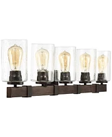 Franklin Iron Works Poetry Rustic Farmhouse Industrial Wall Light Wood Finish Grain Bronze Hardwired 44" Wide 5-Light Fixture Clear Seedy Glass Shade