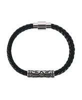 Trafalgar Silver Filigree Pattern on Black Leather Bracelet