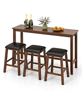 Slickblue 4-Piece Bar Table Set Counter-Height Table and 3 Pvc Leather Upholstered Bar Stools-Brown