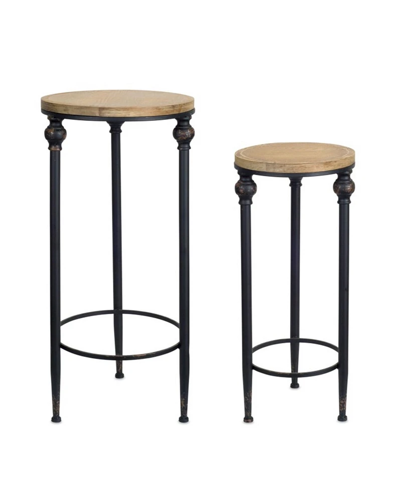 Slickblue Round Wood And Metal Plant Stand Table - Natural (Set of 2)