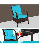 Gymax 3PCS Patio Rattan Conversation Set Outdoor Furniture Set w/ Turquoise Cushion