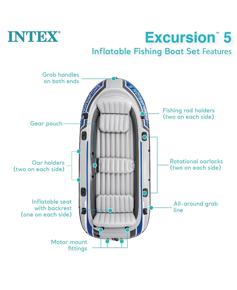 Intex 5 Person Inflatable Fishing Boat, Trolling Motor and Boat Motor Mount Kit