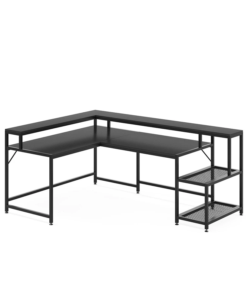 Tribesigns 69 Inch L Shaped Desk with Monitor Stand, Large Reversible Corner Storage Shelf, Industrial Computer Table Writing for Home