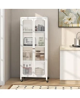 Slickblue Glass Doors Storage Cabinet with Wheels and Adjustable Shelves-White