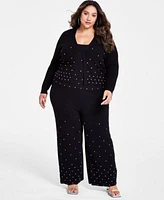 Nina Parker Trendy Plus Size Embellished Rib Knit Cardigan Tank Pants