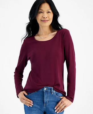 Style & Co Petite Scoop-Neck Long-Sleeve Cotton Top, Created for Macy's