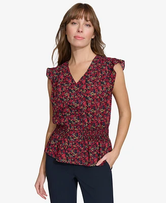 Tommy Hilfiger Women's Printed Smocked Cap-Sleeve Top