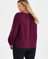 Style & Co Plus Floral-Embroidered Popover Blouse, Created for Macy's