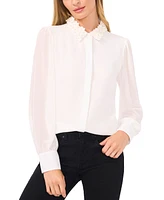 CeCe Women's Floral-Applique Collared Long-Sleeve Blouse