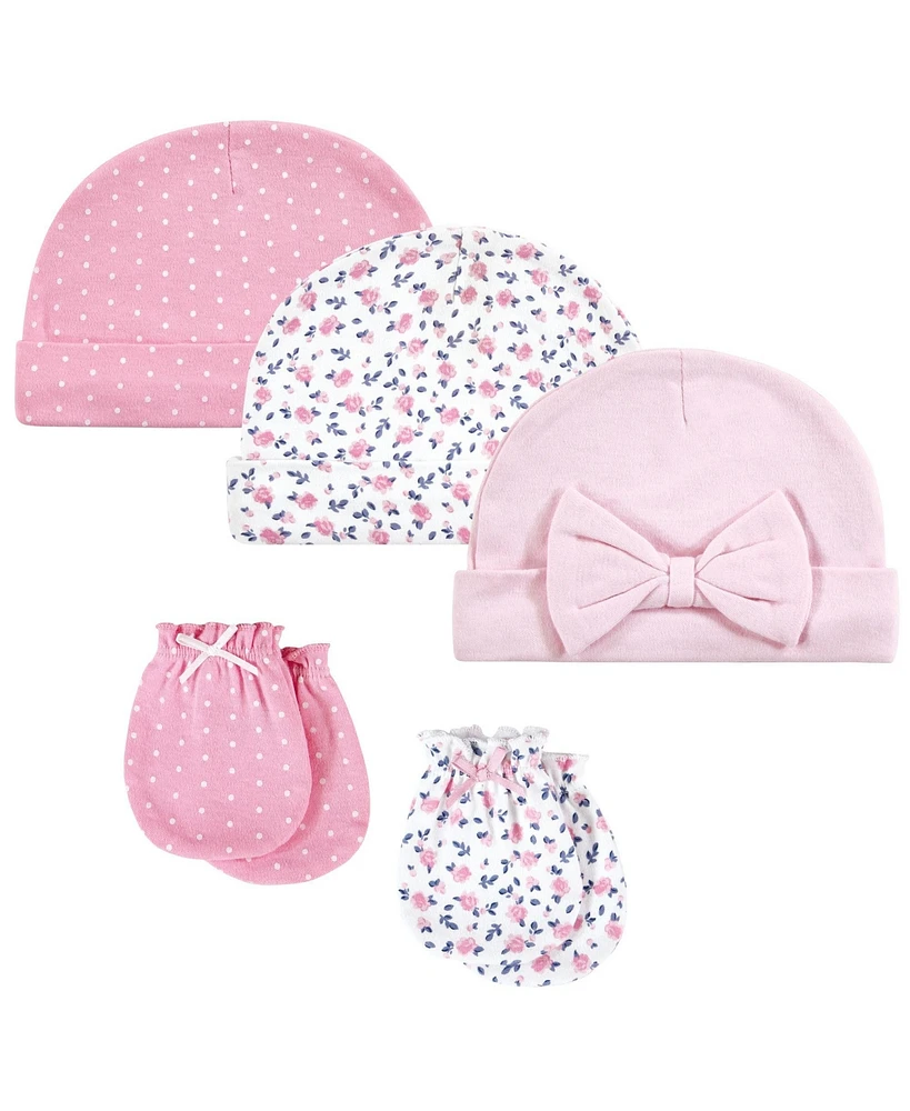 Hudson Baby Baby Girls Cotton Cap and Scratch Mitten Set, Blue Pink Floral, 0-6 Months