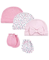 Hudson Baby Baby Girls Cotton Cap and Scratch Mitten Set, Blue Pink Floral, 0-6 Months