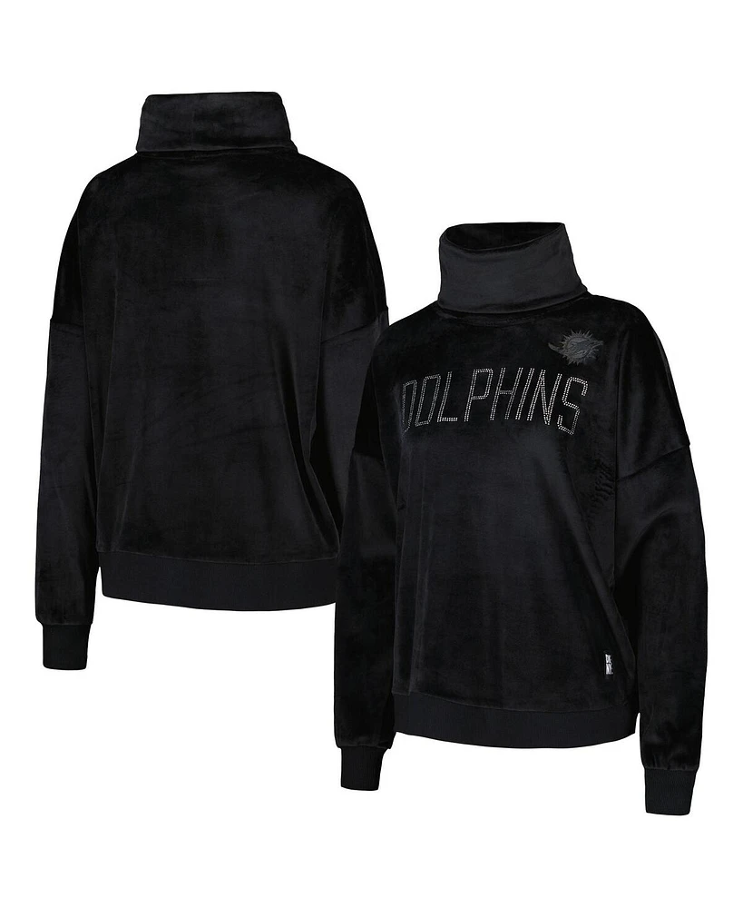 Dkny Women's Black Miami Dolphins Deliliah Rhinestone Funnel Neck Pullover Sweatshirt