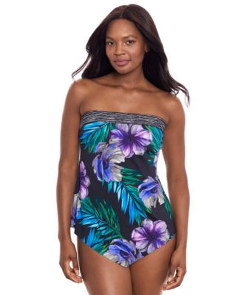 Miraclesuit Womens Flora Aura Printed V Shaped Tankini Solid Norma Jean High Waist Bottoms