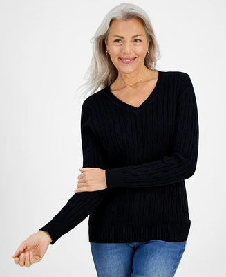 Style & Co Women's Cotton Cable-Knit V-Neck Sweater, Created for Macy's