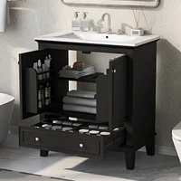 30" Vanity with Sink, Solid Wood & Mdf Cabinet, Doors & Drawer