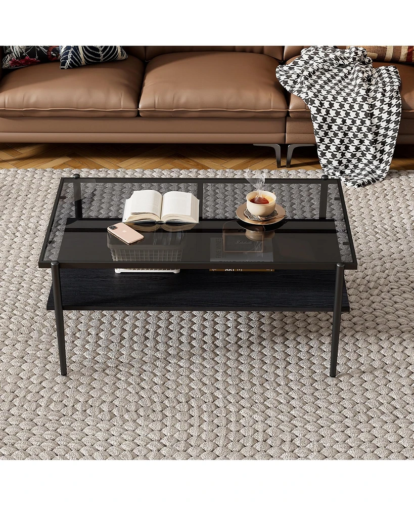 Simplie Fun Modern Glass Coffee Table with Black Legs