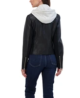 Sebby Collection Women's Faux Leather Biker Jacket With Removeable Hood Bib