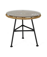 Simplie Fun Modern Rattan Side Table With Tempered Glass Top