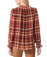 Jones New York Petite Ruffled-Neck Plaid-Print Top