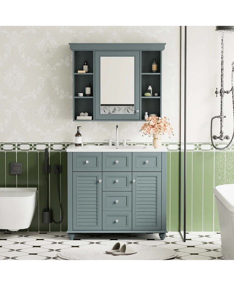 Streamdale Furniture 36'' Bathroom Vanity with Mirror Cabinet, Ample Storage, Soft-Close Doors & Drawers