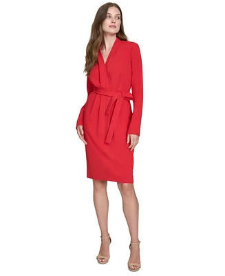 Halston Women's V-Neck Belted Long-Sleeve Sheath Dress