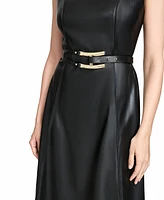 Halston Women's Faux-Leather Belted Sleeveless Midi Dress