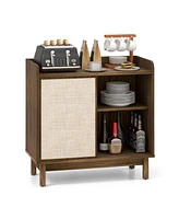 Slickblue Rattan Buffet Sideboard Mid Century Floor Storage Cabinet with Sliding Door and Adjustable Shelves-Walnut