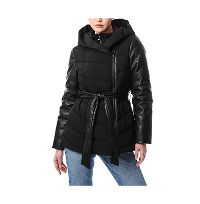 Bernardo Women's Short Faux Leather Combo Puffer