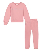 Calvin Klein Toddler Girl Logo Snap Fleece Crew Neck and Joggers Set