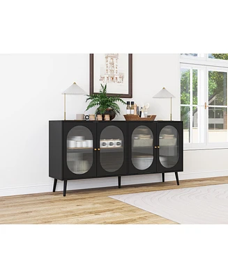 Simplie Fun 4-Door Sideboard Cabinet with Adjustable Shelf and Transparent Door Panels