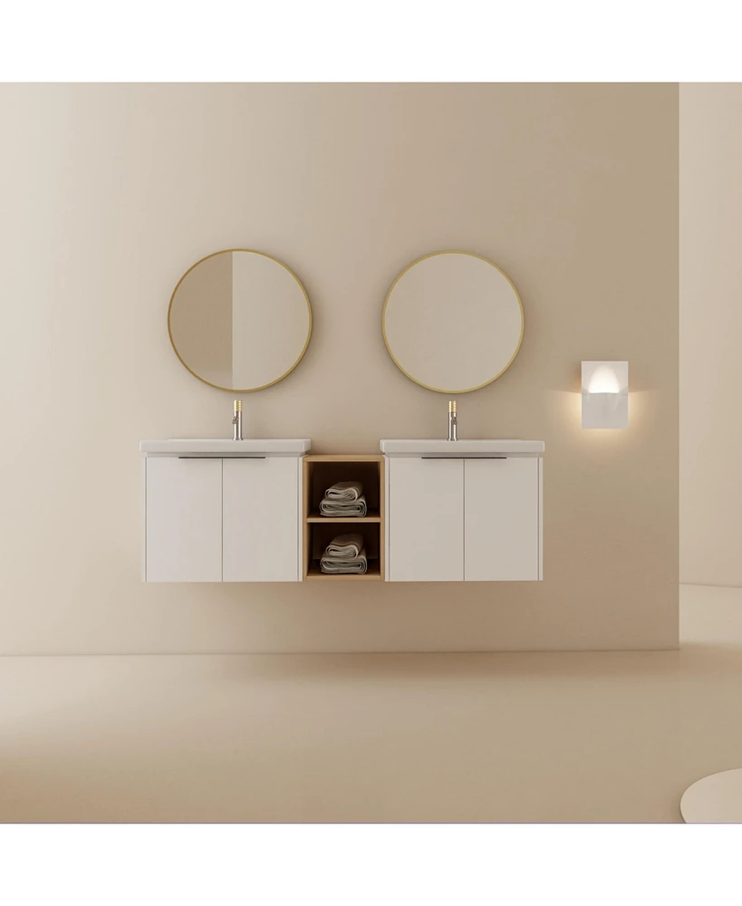 Streamdale Furniture Wall-Mounted Vanity with Soft-Close Doors, Double Ceramic Basin, and Storage Shelves