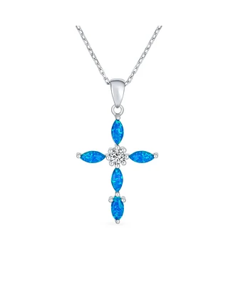 Bling Jewelry Religious Faith Hope Love Cz Accent Created Blue Synthetic Opal Cross Pendant Necklace For Women Sterling Silver