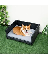 Slickblue Rattan Dog Bed with Waterproof Soft Cushion for Medium Small Dogs Cats-Grey